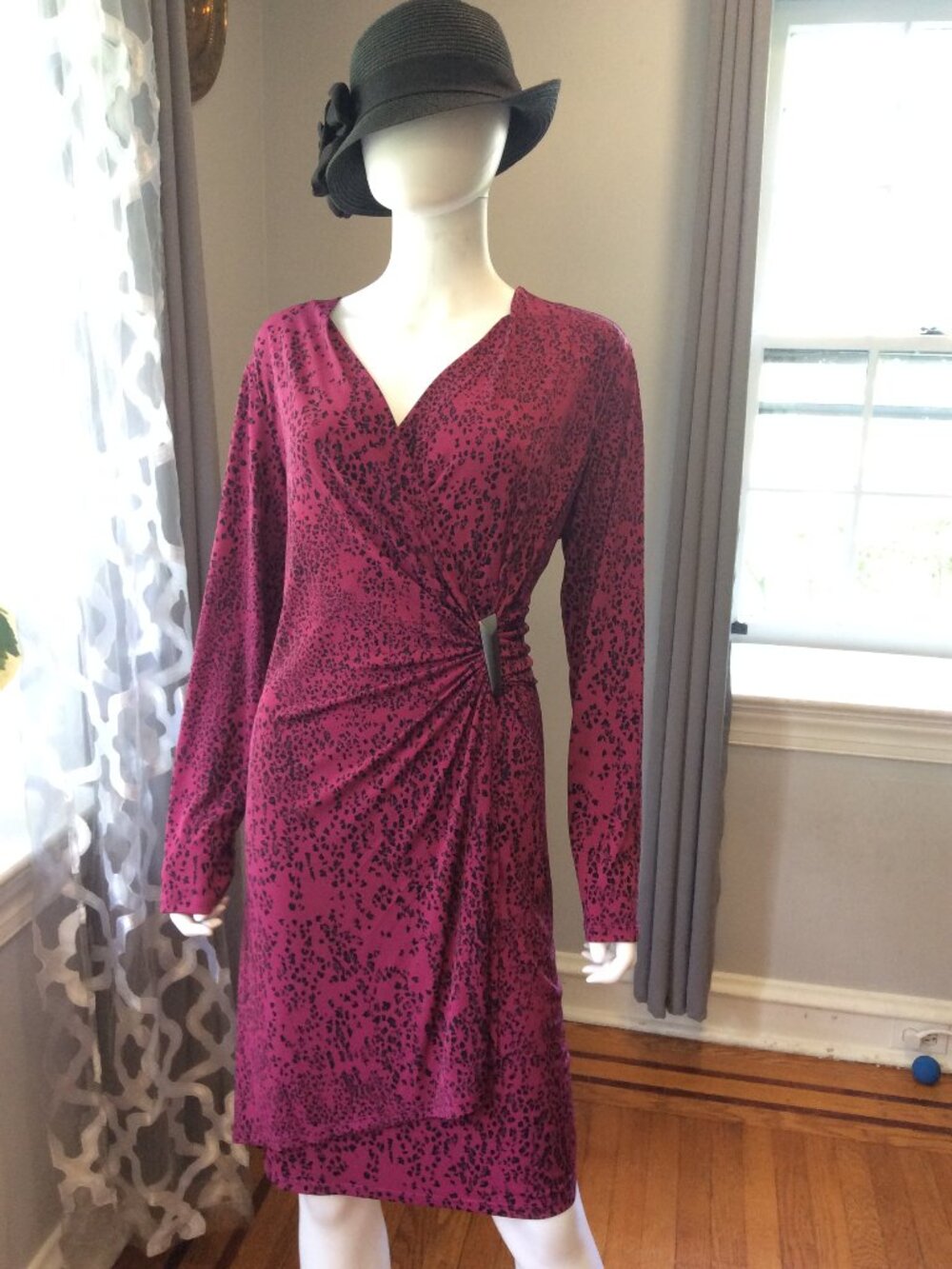 Calvin Klein Burgundy Animal Print Wrap Dress Long Sleeve Dress